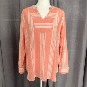 Natural Reflections Cotton Linen Striped Top Orange White Roll Tab Sleeves LARGE
